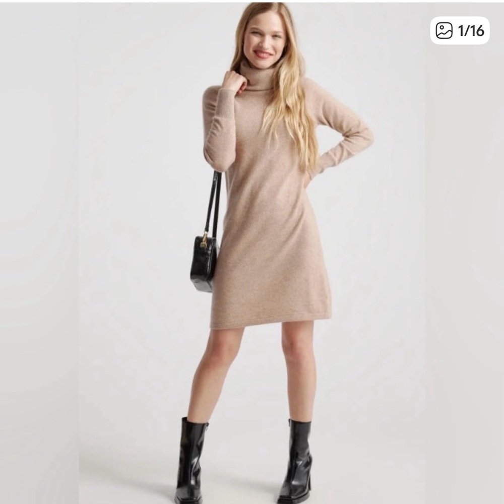 Quince Cashmere Beige Knit Turtleneck Sweater Dress